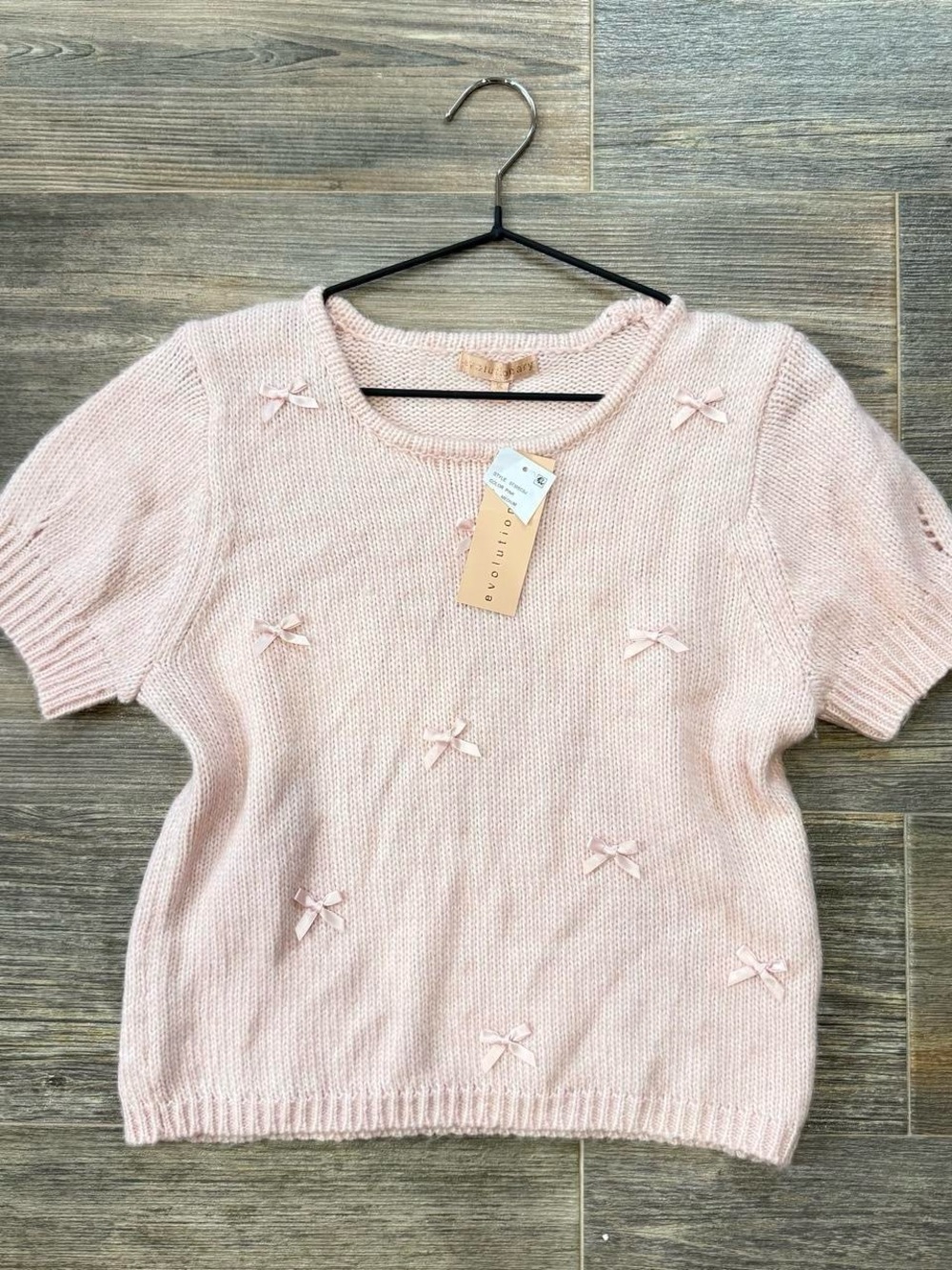 NWT Soft Pink Bow-Accent Short Sleeve Knit Sweater Coquette dainty Twee